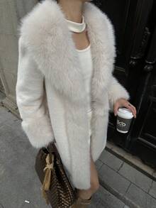 Women's Elegant Knee-Length Faux Fur Coat, Waterfall Collar, Long Warm Outerwear For Autumn/Winter - White - View 6