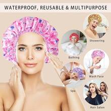 Gorros de Ducha para Mujeres, 4 PCS Gorros de Baño Elásticos y Reutilizables, Gorro de Ducha de Doble Capa Impermeable, Gorros de Baño, Gorro de Baño para el Cabello de Protección Ambiental - Color Sólido - Corazón - Ver 3