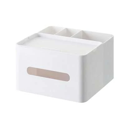 5-In-1 Tissue Box 7.8inch Multifunction Countertop Organizer 3x Compartments 1x Tray Boutique Stationery Storage Caddy HIPS Plastic (White){Inchcolor_nameinch:InchWhiteinch}