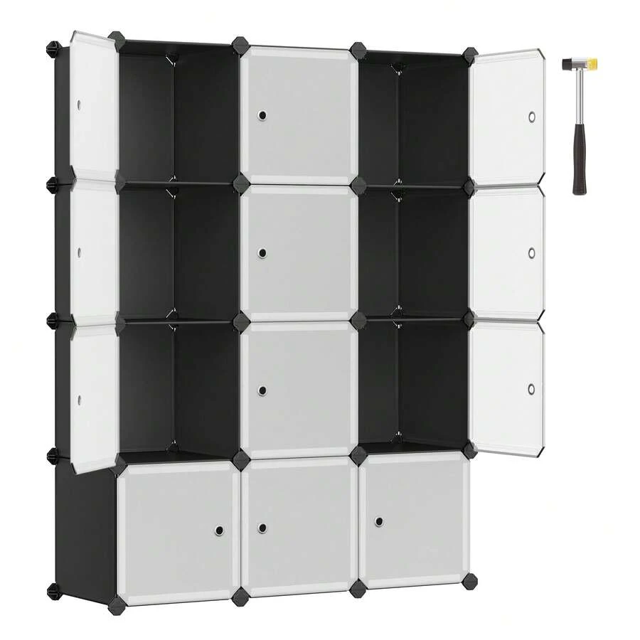 SONGMICS Juego de 12 Cubos de plástico, estantes de Almacenamiento para clóset, clóset de plástico, estantería Modular, estantería con Puertas para recámara, Sala de Estar, Blanco y Negro - Negro - Ver 1