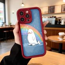 Funda de teléfono con borde negro y azul con dibujo de pingüino y arcoíris para uso diario en cafeterías y espacios interiores. Aplicable a teléfonos de las series Apple y Galaxy. - Burdeos - Ver 7