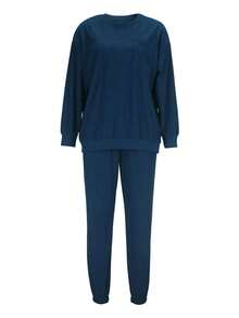 Bộ đồ nữ màu trơn, thoải mái gồm áo dài tay cổ tròn và quần dài có dây rút, kiểu dáng thường ngày, thích hợp cho ngày Valentine/mùa xuân. - Màu xanh lam - Xem 5