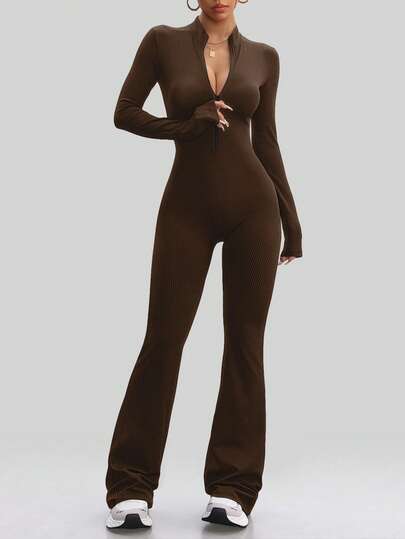 Aaseow Damjumpsuits Långärmad Yoga Slim Fit Stretchig Helbitande Romper Fitness Dam Svart Grundläggande Sportkläder Tight Dragkedja