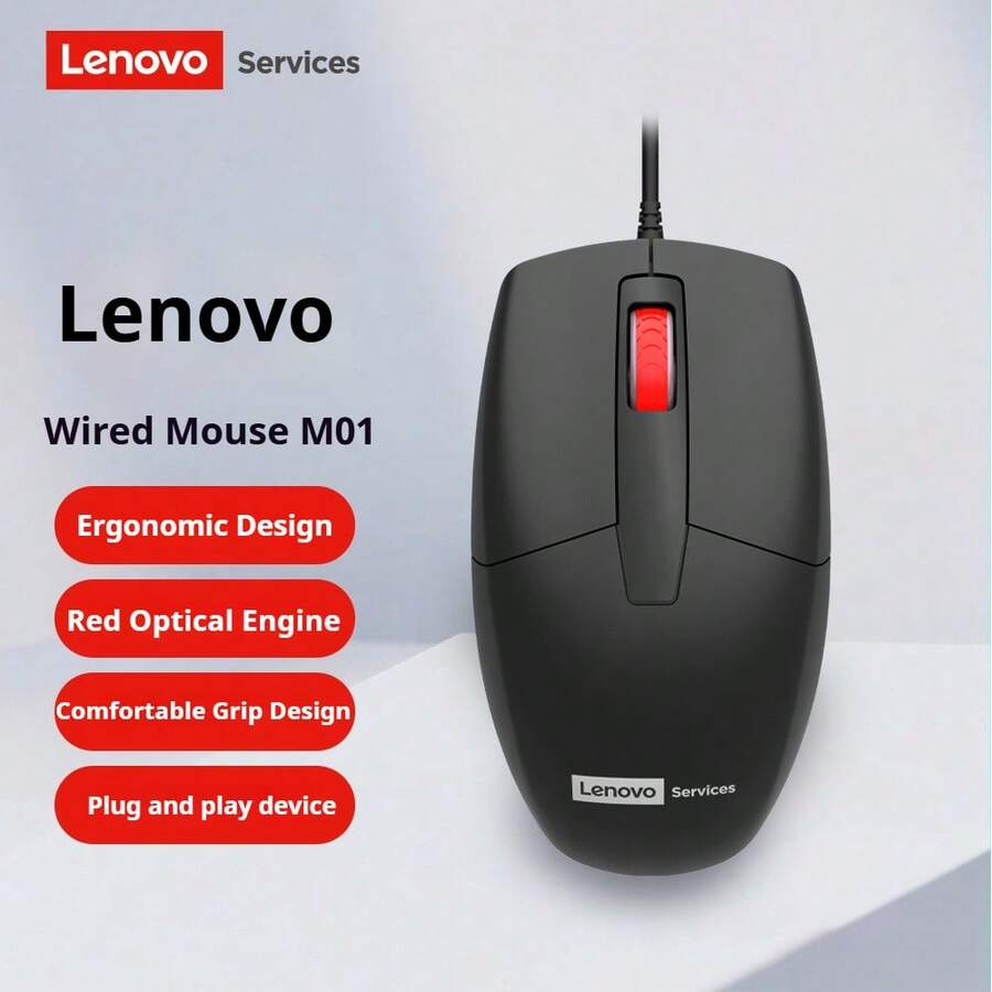 Ratón con cable Lenovo M01, conexión por cable USB, 1000 DPI, diseño ergonómico, apto para ordenadores, portátiles, oficina y juegos - Negro - Ver 1