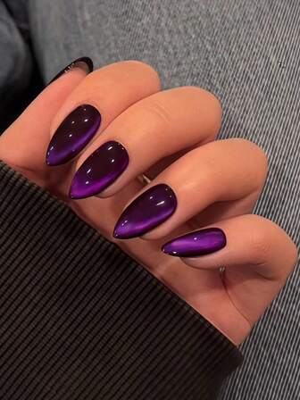 24pcs Almond Shaped Nail Tips - With Sweet Purple Solid Cat Eye Design Medium Length Artificial Nails, Suitable For Women's Daily Occasions And Special Events, A Perfect Gift For Her, Manicure Technique Gift, Exquisite Nail Art.