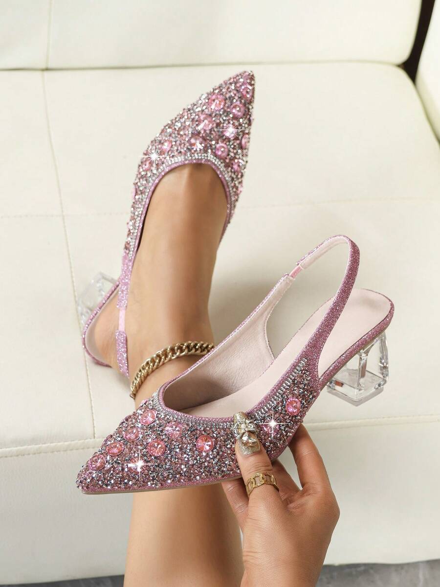 Women's Fashion High Heel Sandals, Pointed Toe High Heels, Sparkling Rhinestone Decor, Transparent Crystal Asymmetric Heel, Elastic Strap Backless High Heel Sandals, Lightweight Comfortable Insole, Suitable For Party, Wedding, Business, Date Night!,Spring Summer Outfits - Pink - View 1