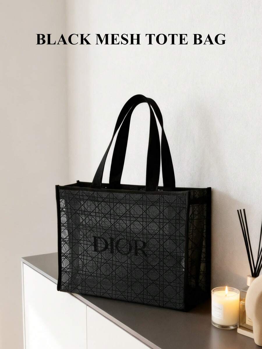 Christian Dior 女士网状手提包，深灰色透明单肩包，棋盘格镂空购物袋，奢华时尚手提包 - 黑色 - 查看 1