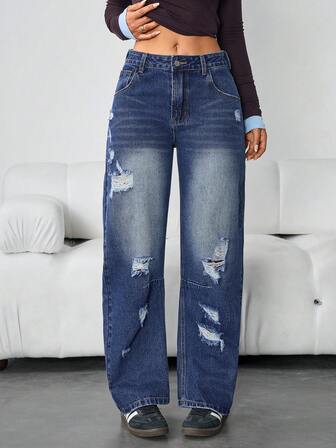 女式破洞宽腿牛仔裤自然腰宽松牛仔裤，香蕉牛仔裤/筒腿/筒腿牛仔裤/筒形牛仔裤