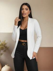 Women's Long Formal Blazer In Neoprene, Maxi Blazer, Modern Casual Suit, Premium Line - White - View 2
