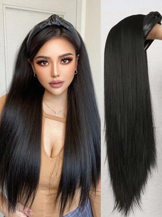 26-Inch Women's Black Twist Leather Headband Yaki Wig - Long Synthetic Wig With Black Headband, Perfect For Everyday Parties, Halloween, Cosplay, Parties, And More. Party Hair Accessories, Natural Hair Accessories, Secure Fit Hair Accessories