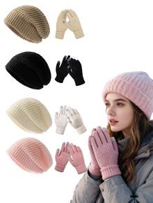 2pcs/Set Solid Color Winter Wool Hat + Gloves Combination Set For Women, Korean Style All-Match Thick Yarn Pile Hat, Warm And Thick Leisure Knitted Fashion Hat Set For Autumn And Winter