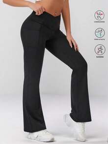 High Waist Flared Yoga Pants With Pockets, Slim Fit Tummy Control Loose Wide Leg Dance Trousers For Women - Black - View 5