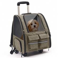 Rolling Pet Carrier Backpack With Removable Wheels, Large Pet Carrier With Wheels, Foldable Rolling Dog Carrier With Wheels And Big Pocket, For Travel, Outdoor, Vet Visits, Camping, Indoor - 棕色 - 查看 9