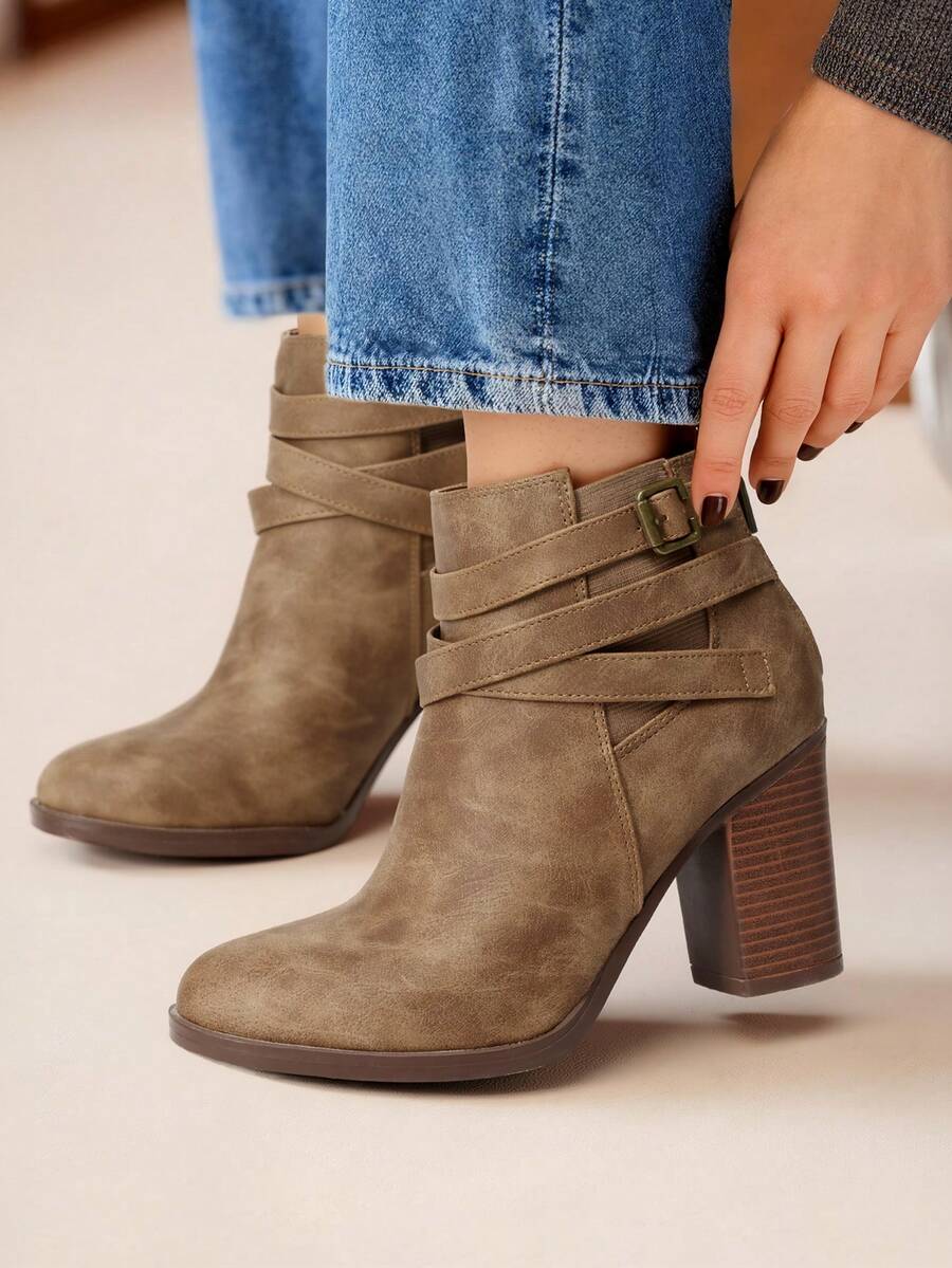 Chunky High Heel Ankle Boots Close Toe Fall Heeled Booties Shoes - Cà phê nâu - Xem 1