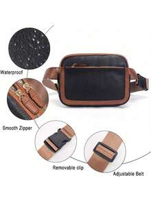 可调节肩带仿皮腰包，撞色设计，防水，多口袋，多功能运动斜挎包，女士 - 棕色 - 查看 6