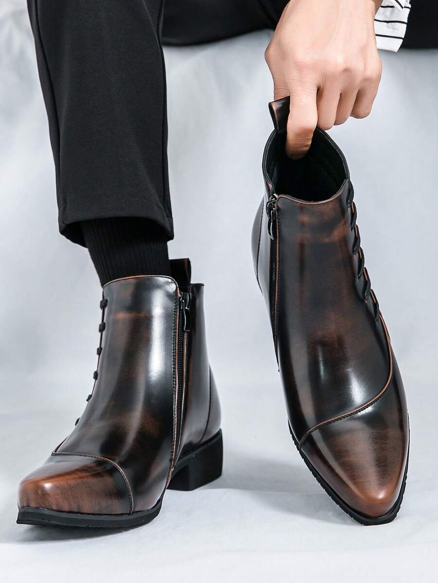 Botas Chelsea Masculinas, Acabamento Vintage Desgastado, Estilo Motociclista, Cadarço e Zíper Lateral, Sapatos Casuais de Escritório