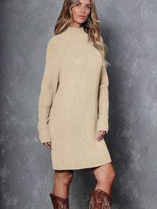2026 Women's Casual Knit Dress Sweater Dresses For Women  Fall Fashion Mock Neck Long Lantern Sleeve Oversized Outfits Knit Tops Clothes ​ , Bodycon Long Sleeve ​ For Sports Outdoor Wear, Loose Fit Long Sleeve Comfy Daily Outfits For Women - 杏 - 查看 4