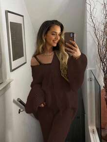女士休闲可爱开衫针织衫上衣针织裤套装家居居家服舒适时尚秋冬外出穿搭 - 棕色 - 查看 4