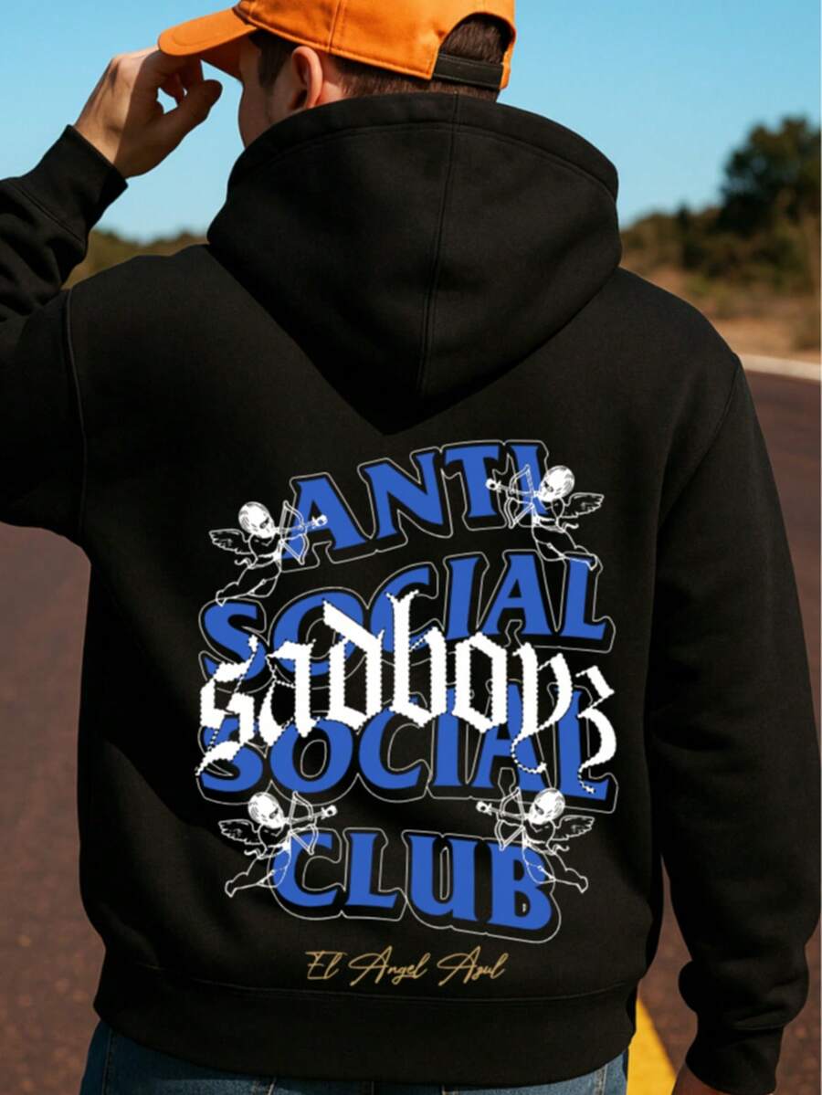 Sudadera Con Capucha De Cuello Redondo Para Hombre Con Estampado De EL ANGEL AZUL Bolsillo Canguro Y Cordón, Manga Larga, Suelta Y Casual, Ideal Para Regalar Como Ropa De Hombre Frente y Espalda - Negro - Ver 1