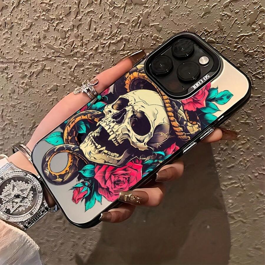Estuche de Teléfonoóvil para Coche con Diseño de Calavera y Rosa de Lujo para 16 15 14 13 12 11 Pro X XR XSMAX 8 Plus, Cubierta Trasera Antideslizante17 17promax - Negro - Ver 1