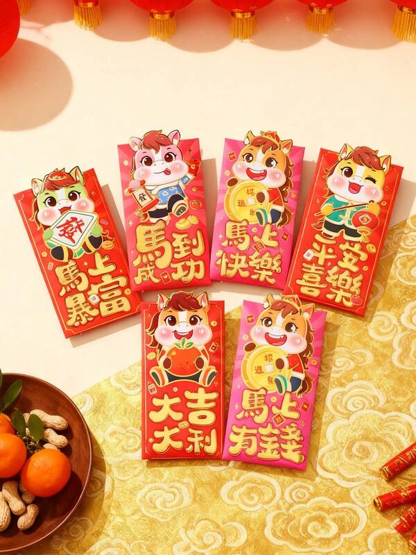 kumozawa 6pcs/Set - Chinese New Year 2026 Year Of The Horse Cute Red Envelopes, Large Size Creative Lai See Packets