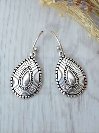 1 Pair Vintage Western Bohemian Style Teardrop Carved Pendant Earrings, Suitable For Women's Daily, Party, Travel Jewelry Gift