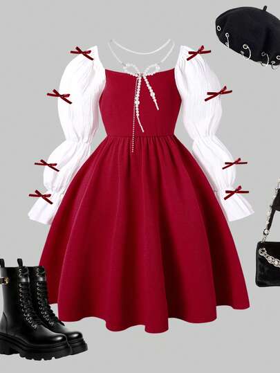 Young Girl' Princess Dress With Square Collar, Mesh Splice Sleeves And Bow Accent, Spring/Autumn