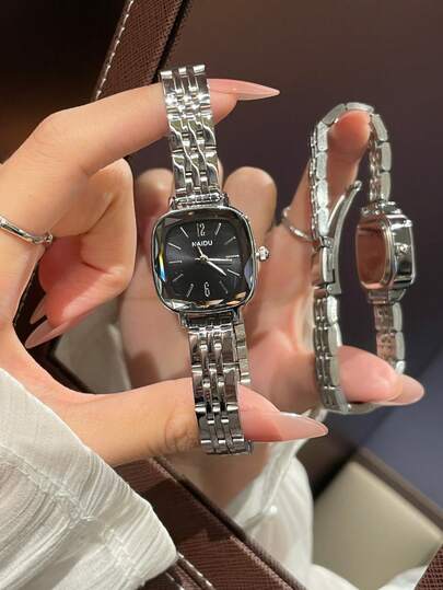 1pc Vintage Silver Stainless Steel Square Small Dial Women's Watch, Fashion Minimalist Elegant Luxury Petite Quartz Ladies Wristwatch, Suitable For Daily Wear, Parties And Other Occasions