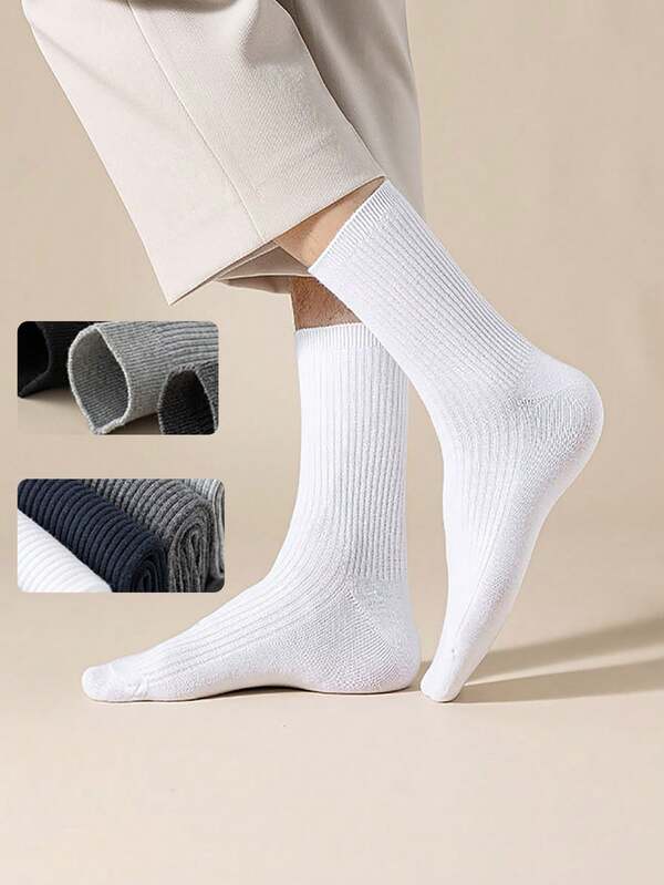 5 Pairs Solid Color Mid-Calf Socks, Moisture-Wicking Business Casual Sports Socks, Suitable For Daily Wear With Leather Shoes, Autumn/Winter