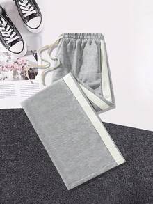 女式抽绳条纹直筒休闲街头时尚裤 - 灰色 - 查看 3