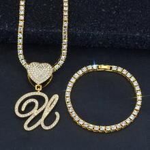 1 Set Women's Elegant Heart & Letter Pendant Necklace With Single Row Rhinestones, Matching Single Row Rhinestone Bracelet, Suitable For Daily Wear, Parties And Events, Versatile Jewelry Set - Fashionable Heart Letter Pendant Necklace - View 42