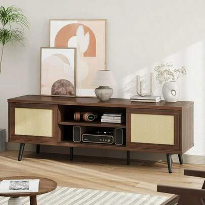 TV Stand For 75" TV, Bohemian Entertainment Center With Sliding Doors And Storage Shelves, Walnut