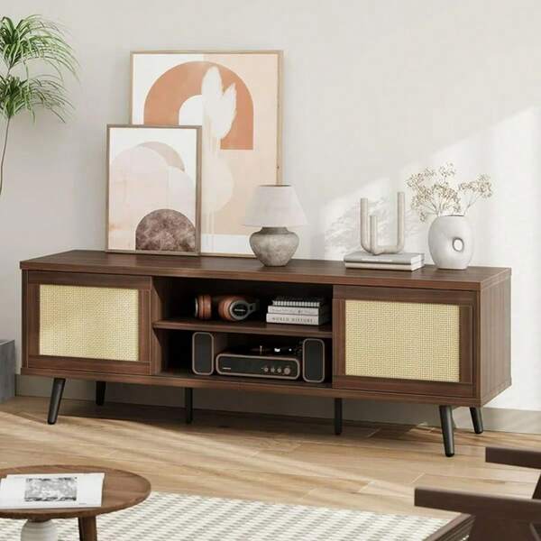 TV Stand For 75" TV, Bohemian Entertainment Center With Sliding Doors And Storage Shelves, Walnut