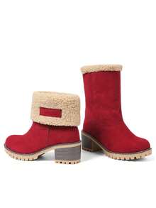 Winter Faux Fur Snow Boots For Women Platform Block Chunky Heels Pull On Comfortable Outdoor Suede Warm Boots - 紅色 - 查看 8