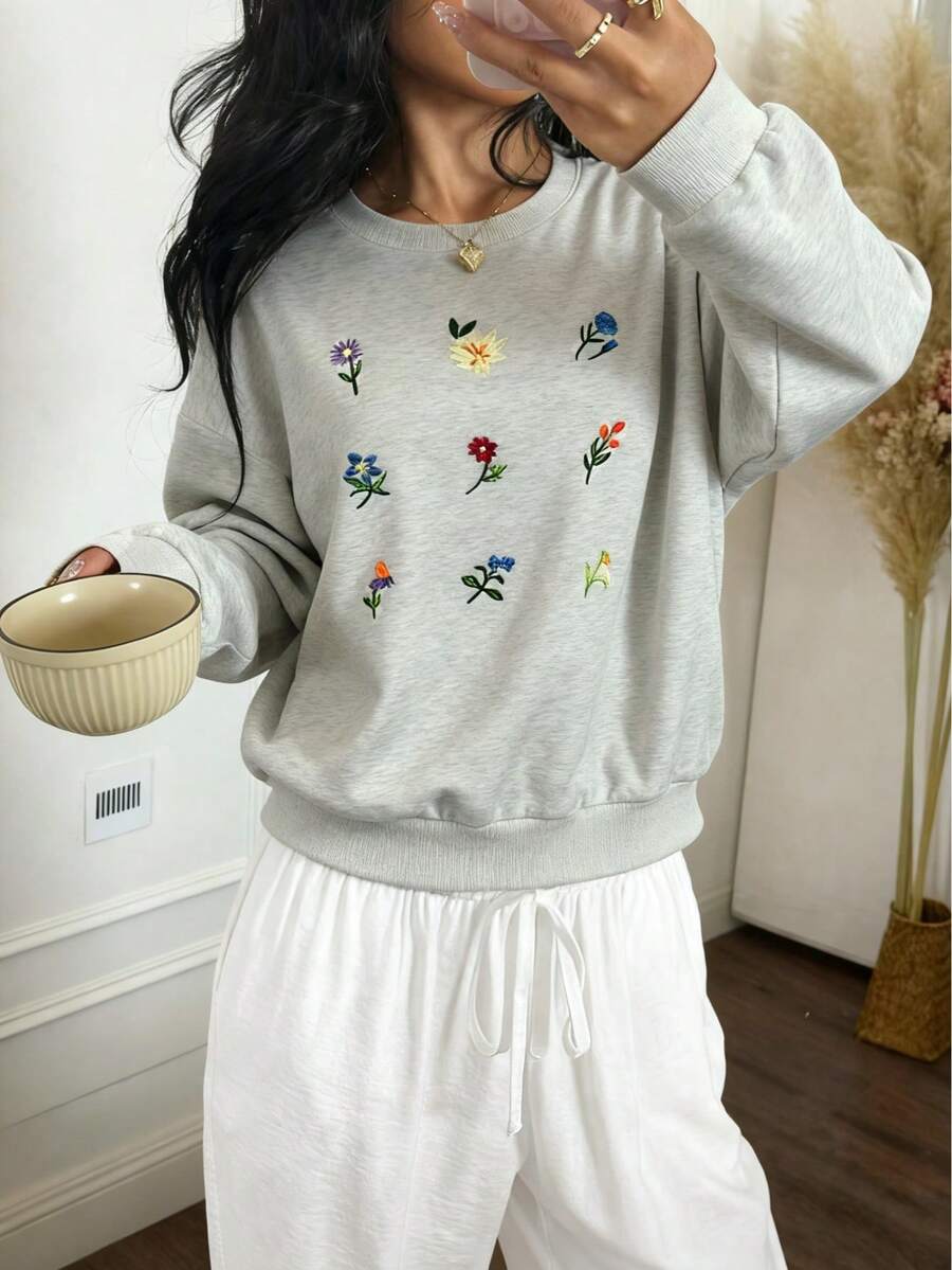 女士长袖套头衫，精致花卉刺绣针织面料，常规长度上衣 - 淺灰色 - 查看 1