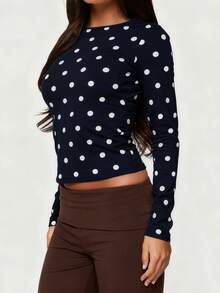 Women Long Sleeve Shirts Dots Print Slim Fit Tops Basic Tee 2025 Fall Outfits Casual T-Shirt Underscrubs Layer Clothes - 黑色 - 查看 2