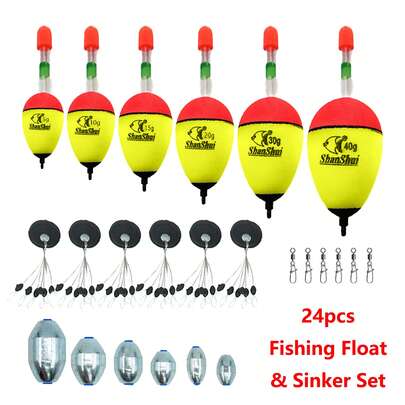 24 piezas Juego de flotadores y pesas de pesca, rango de peso de 5g a 40g, incluye topes de línea y pesas, adecuado para diversos entornos de pesca en agua dulce y salada, accesorios de pesca, equipo de pesca
