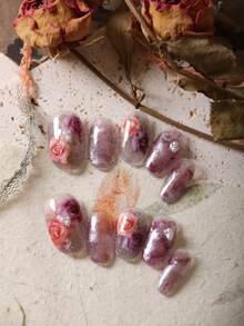 10pcs Acrylic Press On Nails Purple Halation Rose Short Nails Fake Nails Artificial Nails Kit Includes 1sheet Adhesive Tabs &1 Pc Mini File - Multicolor - View 1