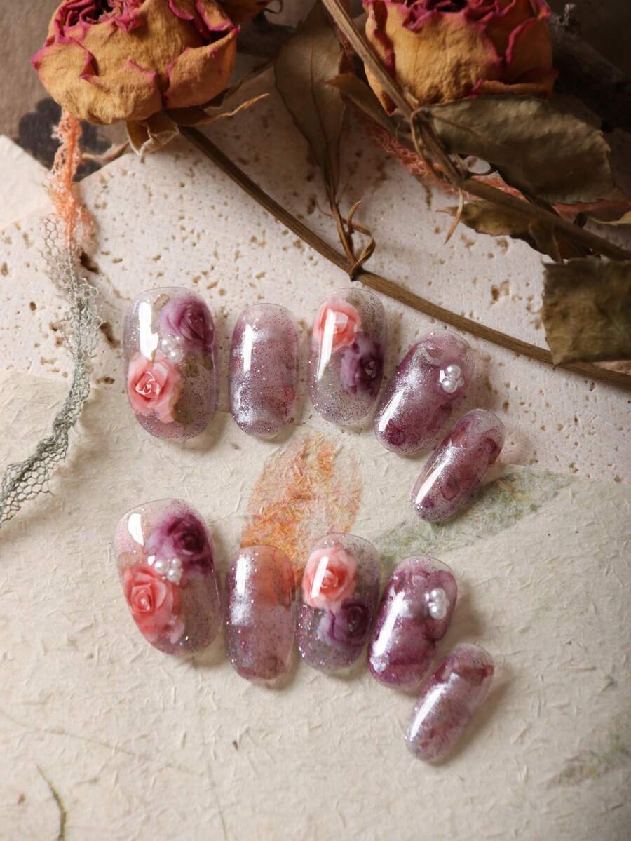 10pcs Acrylic Press On Nails Purple Halation Rose Short Nails Fake Nails Artificial Nails Kit Includes 1sheet Adhesive Tabs &1 Pc Mini File - Multicolor - View 1