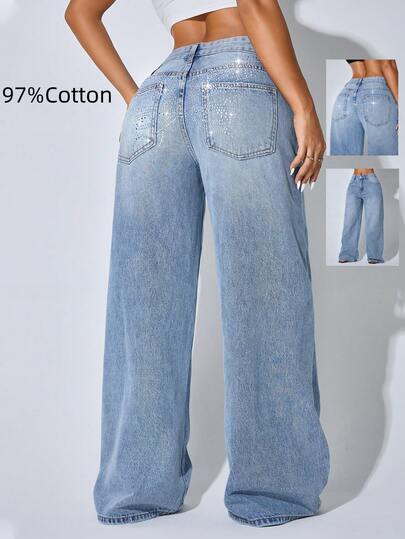 Calça jeans feminina casual azul com cintura baixa e perna larga, bolso inclinado, curva, bordado com strass, natal, outono