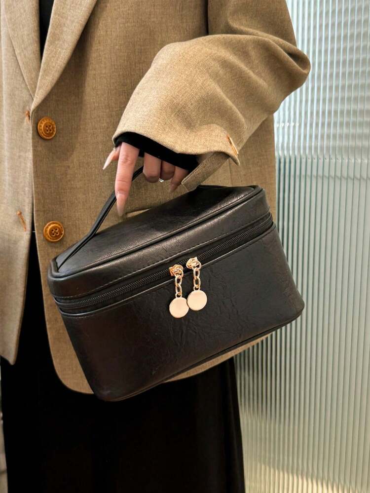 1个女士纯色PU手提化妆包，方形盒状化妆包，化妆袋，洗漱包，旅行必备，邮轮必备，度假必备，男女通用 - 黑色 - 查看 7