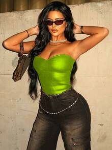 女士夏季紧身弹力绿色PU涂层T恤，时尚金属抹胸上衣，适合夜店、派对、日常穿着、音乐节和演唱会等场合。 - 綠色 - 查看 3