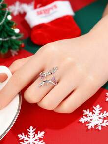 MONALLY 圣诞驯鹿角锆石可调节戒指，粉色锆石首饰，优雅圣诞首饰盒礼品（女士） - 戒指+紅色盒子9*9 - 查看 2