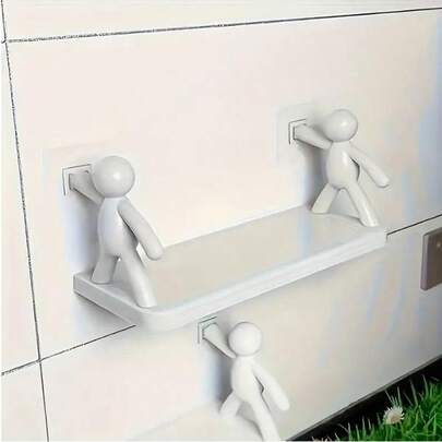 1pc Modern Human Figure Wall-Mounted Storage Shelf - White Plastic, Space-Saving Hanging Organizer For Kitchen & Bathroom, Easy Install, No Metal Pipes Needed, Fun Design For Multi-Room Organization, Bathroom Organizers And Storage, Playful Design, Durable Plastic Bathroom