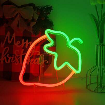1 đèn neon hình quả dâu tây, kích thước khoảng 25x18.5cm (9.8x7.28in), đèn LED dùng nguồn USB và pin, thích hợp trang trí phòng ngủ, quán bar, cửa hàng trái cây, nhà hàng, lý tưởng cho phòng ký túc xá nữ, phòng ngủ, sân vườn, quán bar, cửa hàng nước ép trái cây, phòng chơi game, trang trí Giáng sinh.