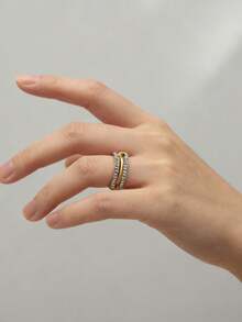 1 قطعة خاتم من الفولاذ المقاوم للصدأ بطبعة دائرية متعددة باللون الذهبي والفضي مرصع بالراين ستون، إكسسوار للحفلات والملابس اليومية للنساء، هدية عيد ميلاد