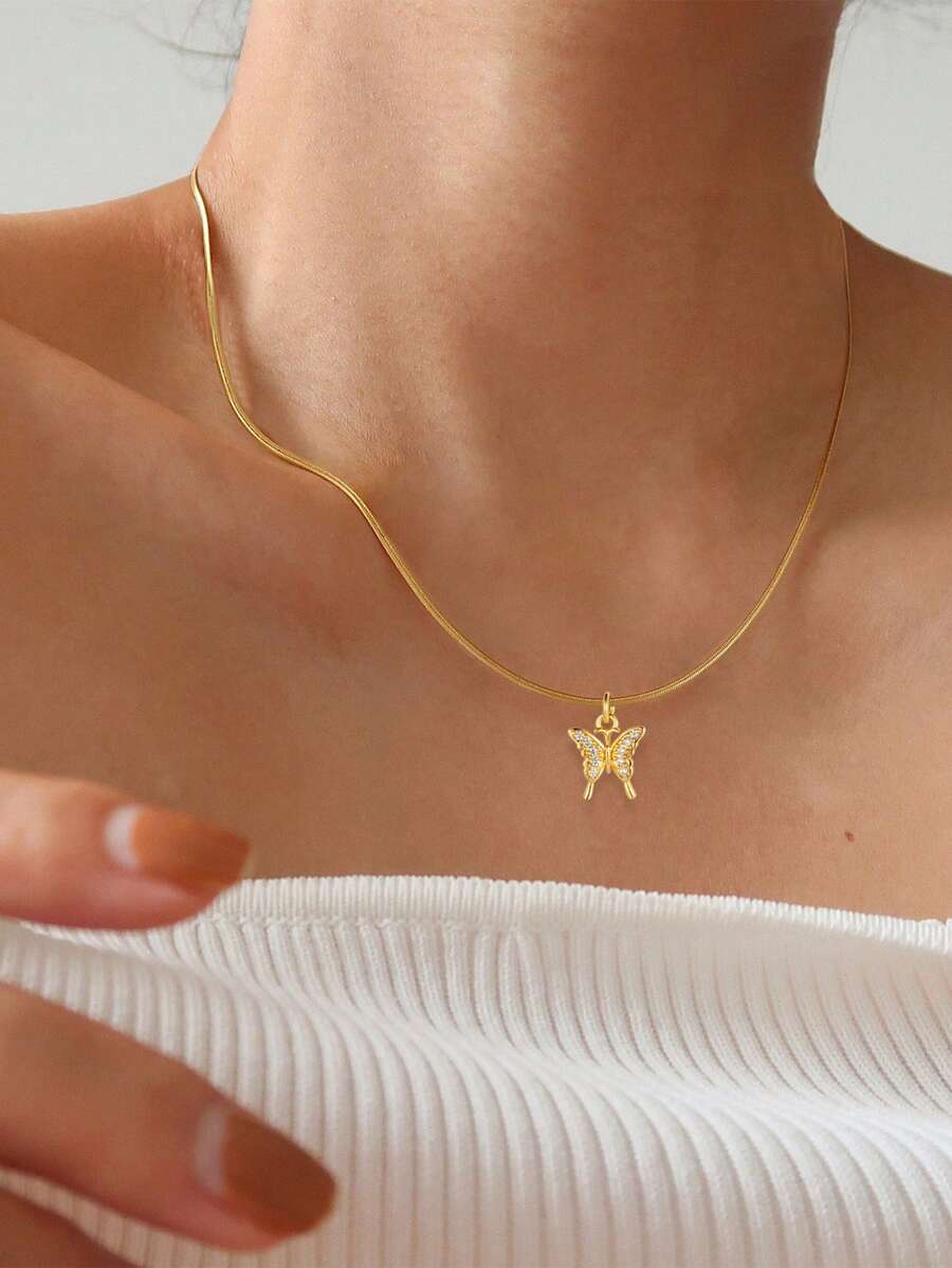 Nooxian 1pc Stainless Steel Necklace With Cubic Zirconia Butterfly Pendant, Minimalist Layered Style, Versatile Daily Wear Jewelry Gift - Yellow Gold - View 1