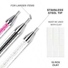 13 Pcs Rhinestone Picker Tool - 3 Pcs Dual-Head Pens With 6 Wax Tips 15 Pcs Clay Precision Curved And Straight Tweezers Kit For Picking Up Nail Art Gems Stones Crystals And Nail Charms - 彩色 - 查看 3