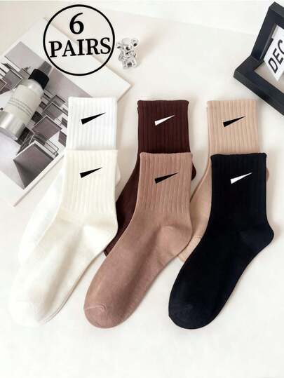 6 Pairs Women's Solid Color Casual Mid-Calf Socks, Soft & Comfortable Versatile Sports Socks, Suitable For Daily Wear And Outdoor, Autumn/Winter