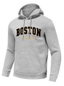 Sudadera con capucha casual con estampado de letra Boston para hombres, de vuelta a la escuela, otoño/invierno - Gris - Ver 6